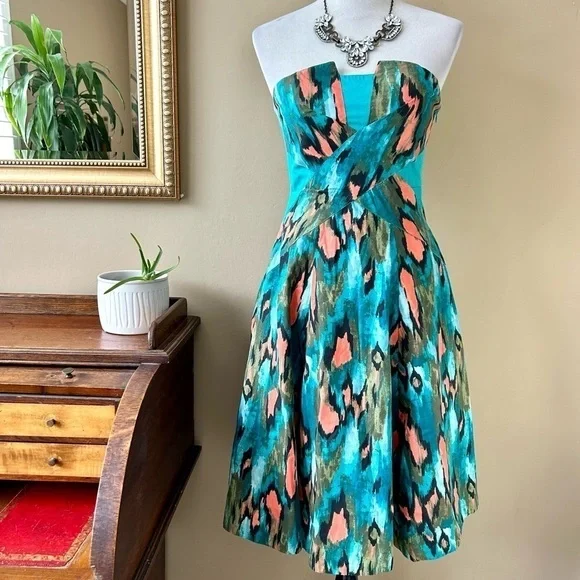 Anthropologie Girls From Savoy Teal Painted Ikat Strapless Dress Southwest Sz 4 - Picture 3 of 15